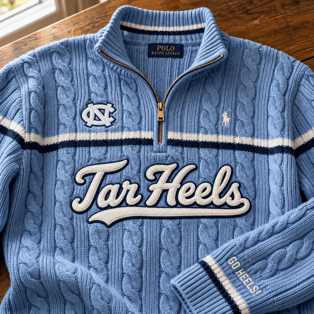 UNC Premium Varsity Cable-Knit Quarter-Zip Sweater NHVH