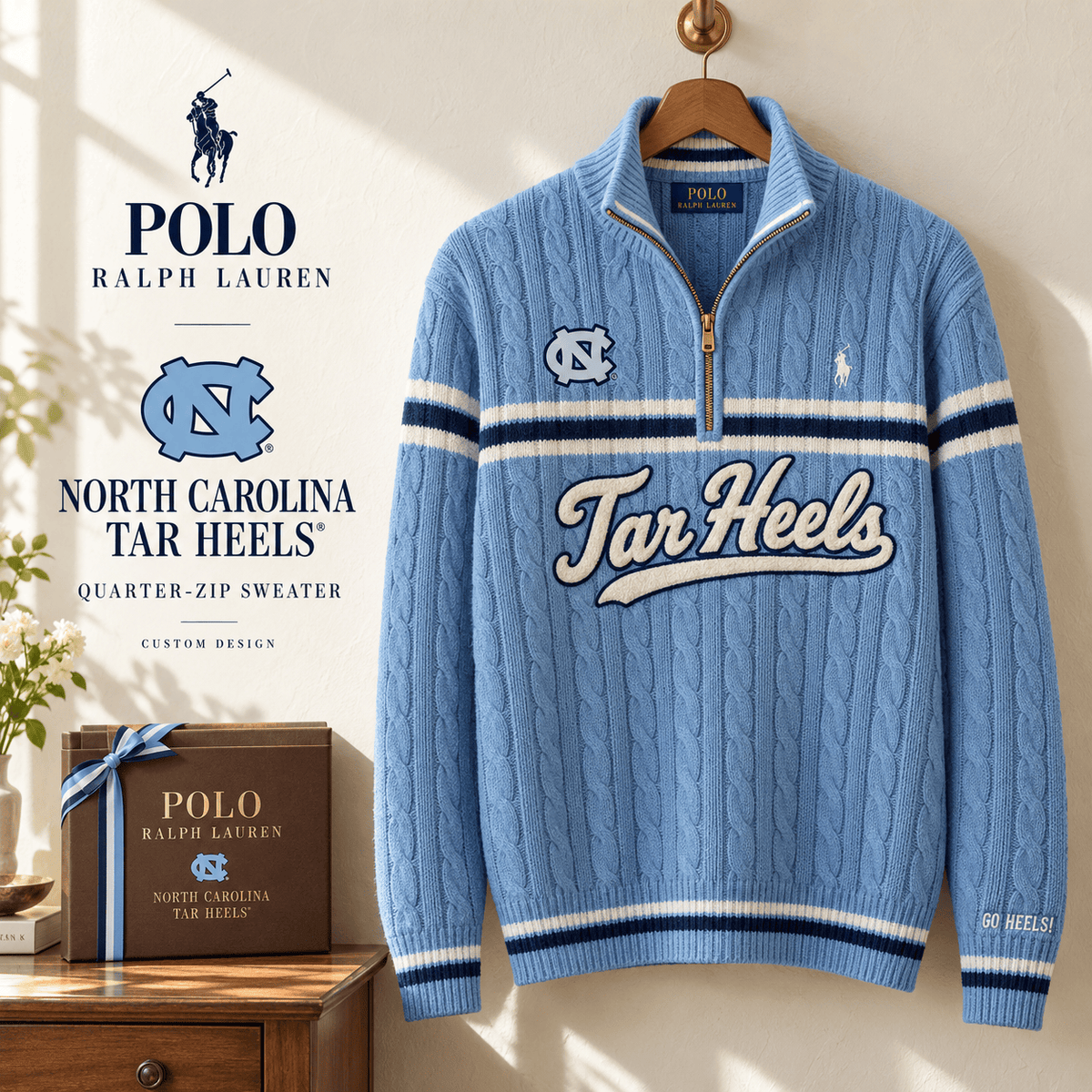 UNC Premium Varsity Cable-Knit Quarter-Zip Sweater NHVH